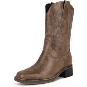 Women's Brown 1 Western Cowgirl Square Toe Pull-on Unique Embroidery Design Boot